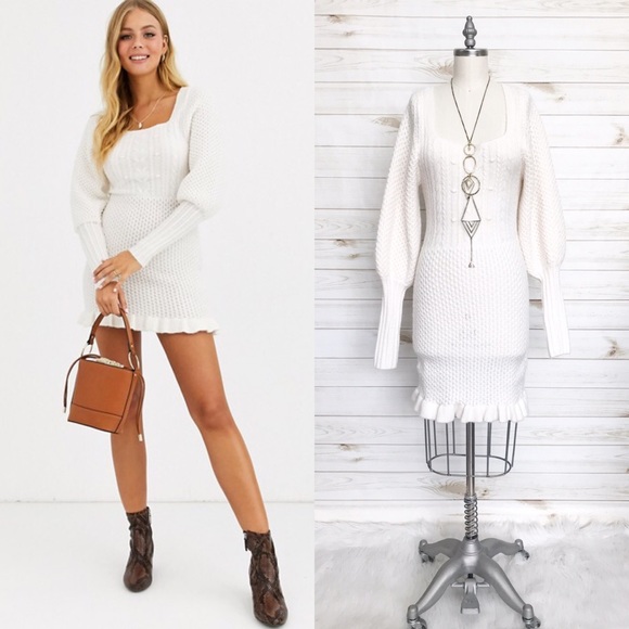 asos design cable knit mini dress with volume sleeve